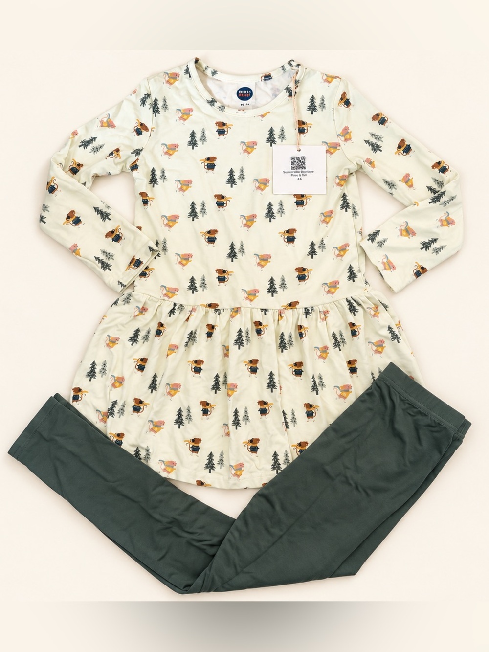 Bamboo Kids Long-Sleeve Forest Animal Set - Cream & Dark Green